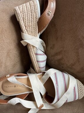 Tommy Hilfiger Cream Espadrille Wedges with Red & Navy Stripes